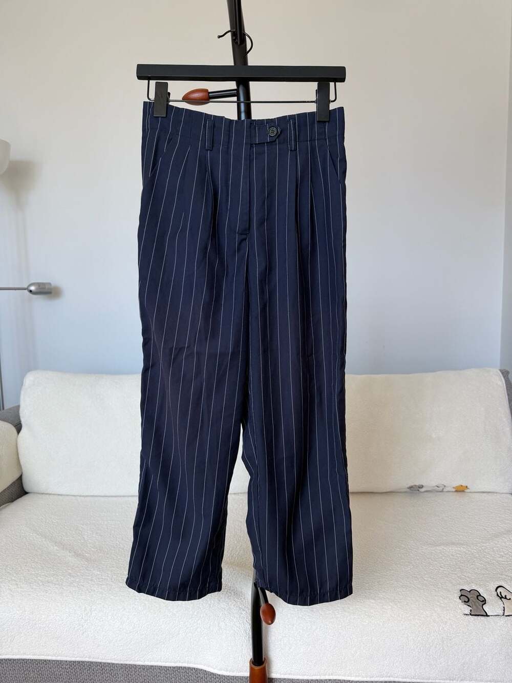 QUEENIE STUDIO Navy Blue Pinstripe Pleated High-Waist Trousers
